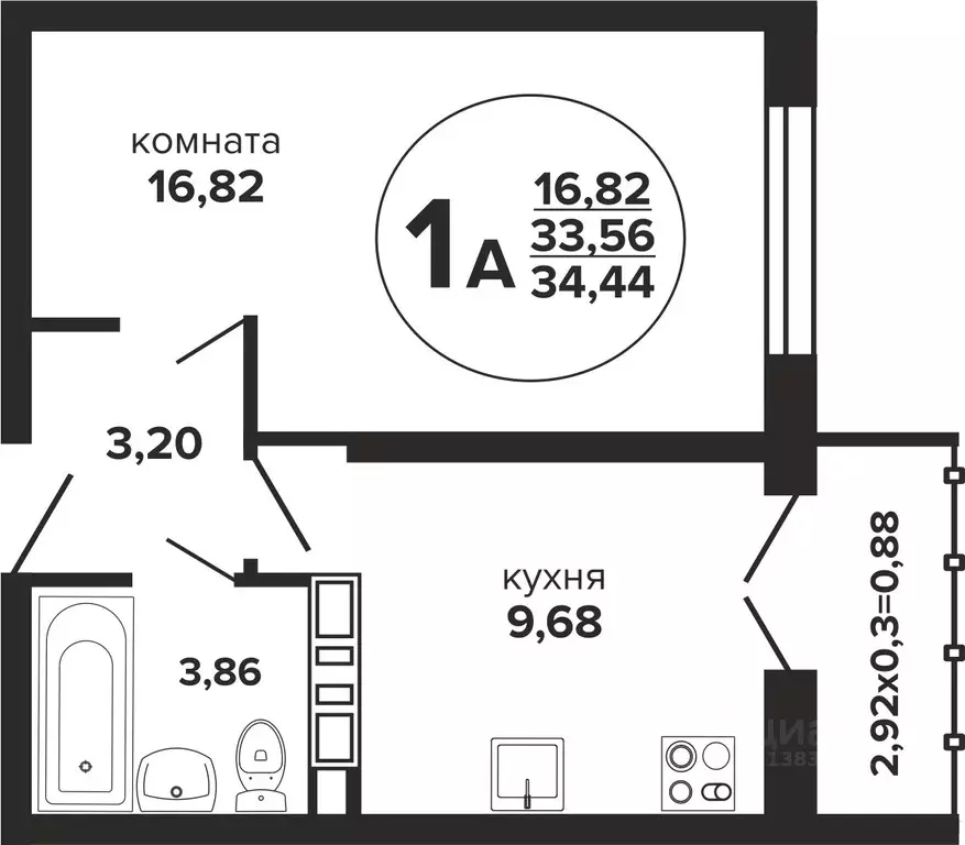 1-к кв. Краснодарский край, Краснодар Российская ул., 257/7 (34.44 м) - Фото 0