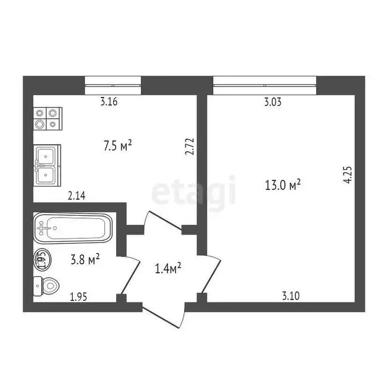1-комнатная квартира: Стерлитамак, улица Шаймуратова, 3 (25.7 м) - Фото 1