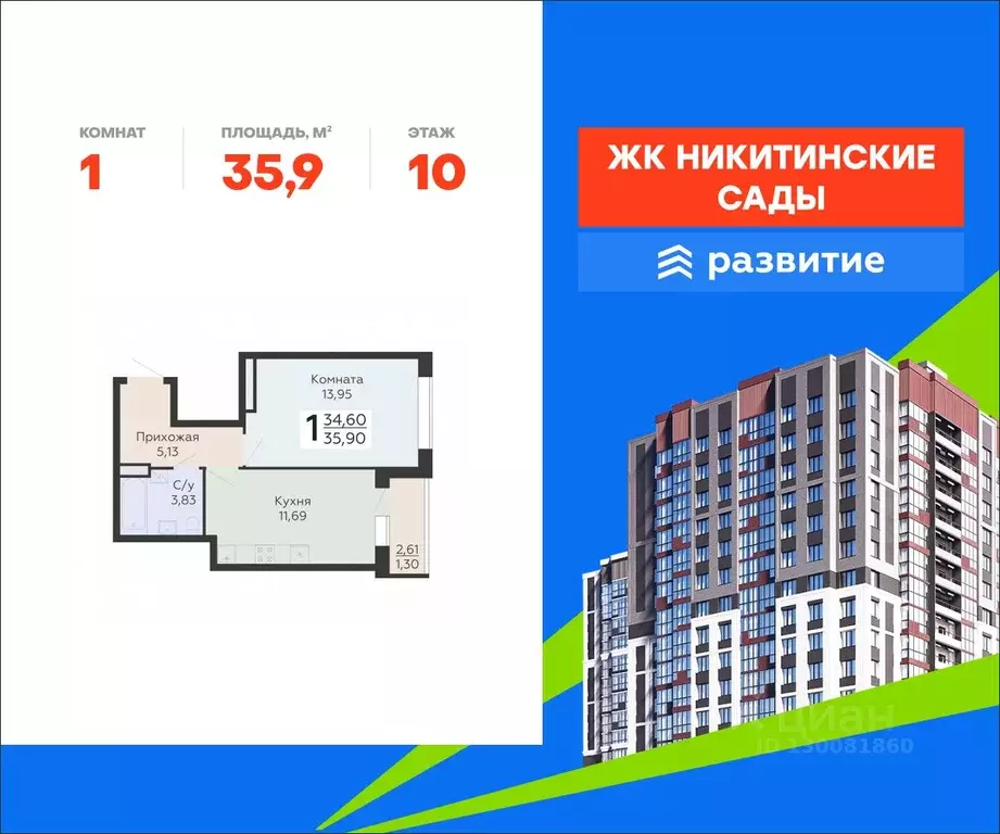 1-к кв. Воронежская область, Воронеж Никитинские сады жилой комплекс ... - Фото 1