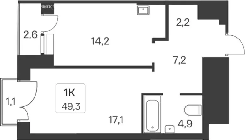1-комнатная квартира: Новосибирск, ЖК Расцветай на Красном (49 м) - Фото 1