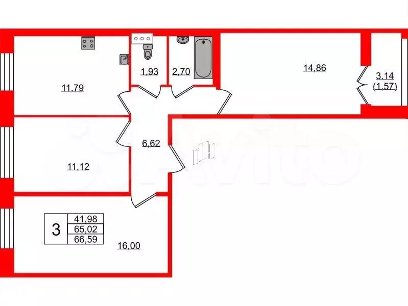 3-к. квартира, 66,6 м, 7/8 эт. - Фото 0