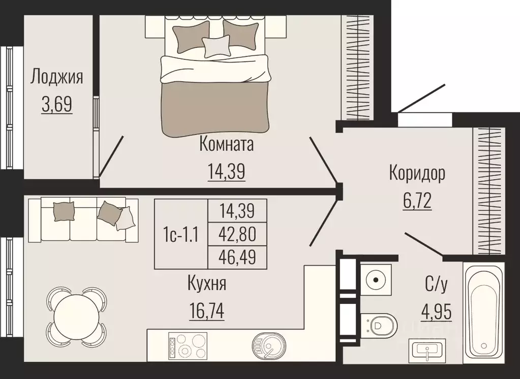 1-к кв. Ставропольский край, Ставрополь № 23 мкр,  (46.49 м) - Фото 1