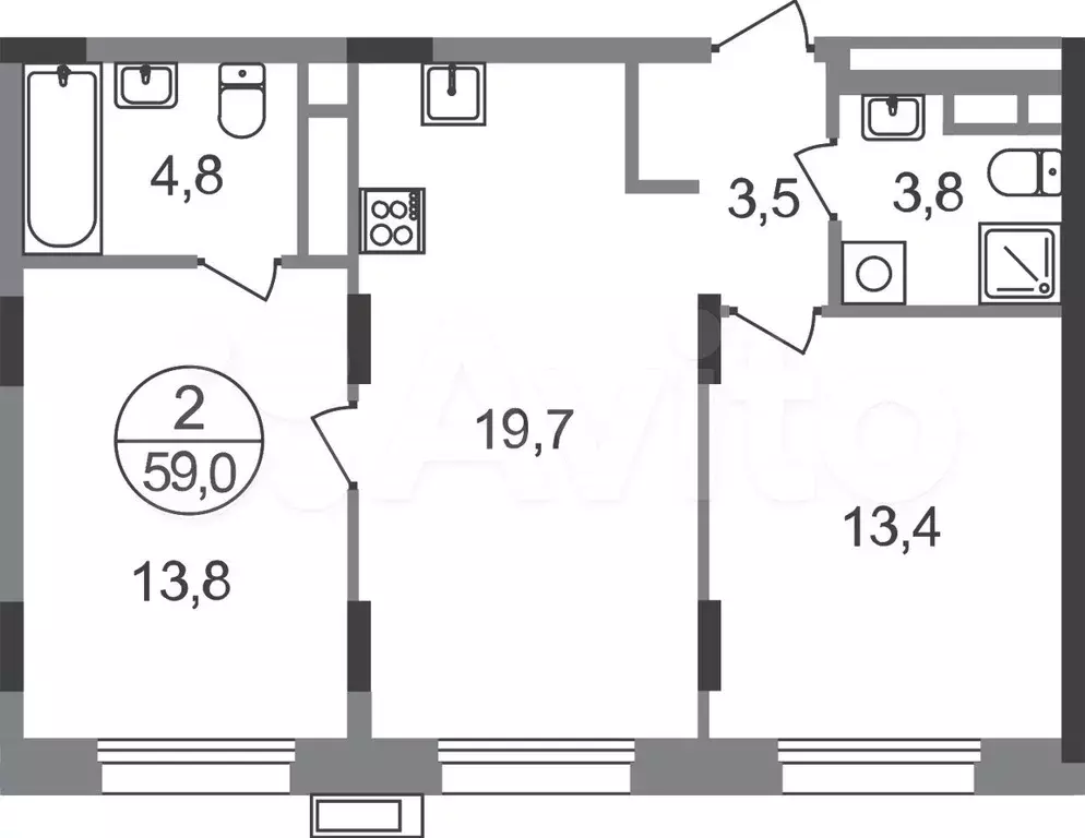 2-к. квартира, 59 м, 6/9 эт. - Фото 0