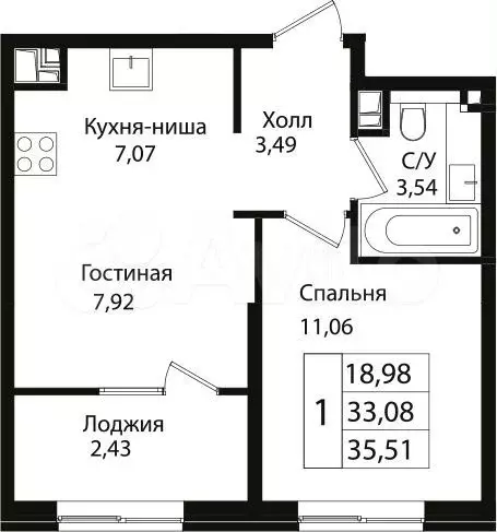 1-к. квартира, 33,1 м, 8/9 эт. - Фото 0