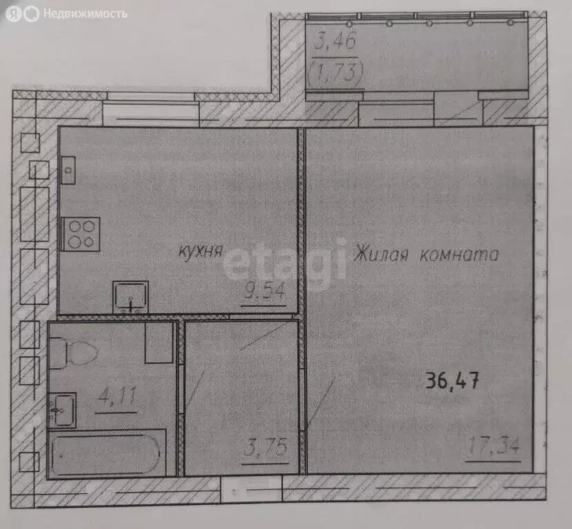 1-комнатная квартира: Лаишевский район, с. Сокуры, ул. Берёзовая (36.4 ... - Фото 1