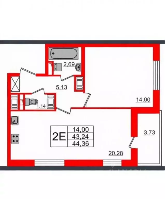 1-к кв. Санкт-Петербург ул. Ультрамариновая, 4 (43.24 м) - Фото 1