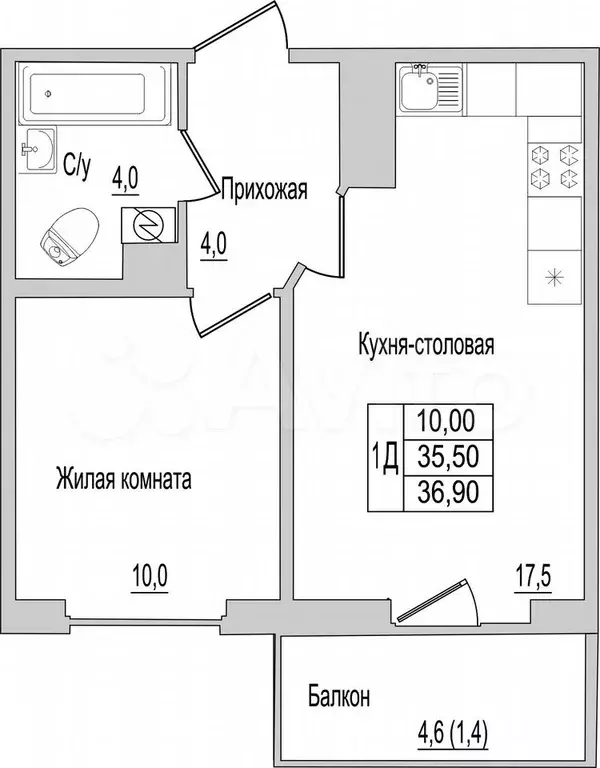 1-к. квартира, 36,9 м, 6/10 эт. - Фото 0