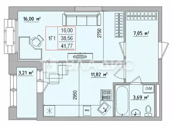 1-к кв. Белгородская область, Белгород Славянская ул., 7 (41.77 м) - Фото 2