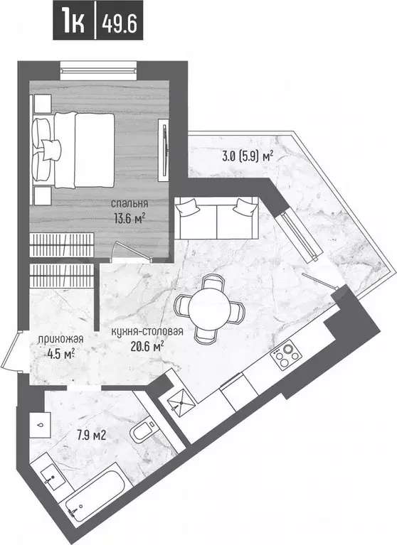1-к. квартира, 49,6 м, 3/5 эт. - Фото 1