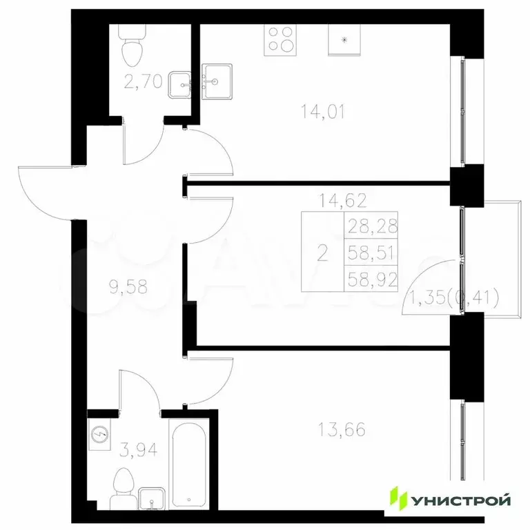 2-к. квартира, 58,9 м, 4/8 эт. - Фото 0