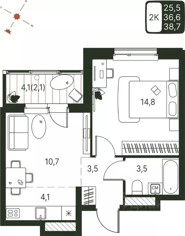 Студия Пермский край, Пермь ул. Серебристая, 1 (38.7 м) - Фото 1