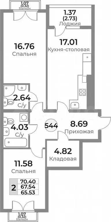 2-к. квартира, 70,4 м, 10/10 эт. - Фото 1