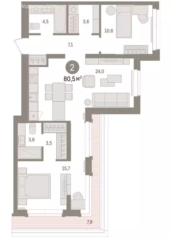 2-комнатная квартира: Тюмень, жилой комплекс На Минской (80.54 м) - Фото 2