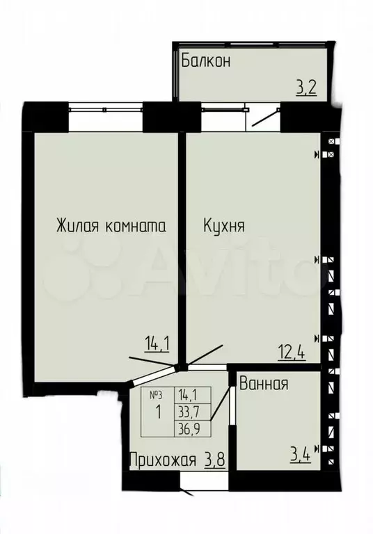 1-к. квартира, 36,9 м, 2/4 эт. - Фото 0