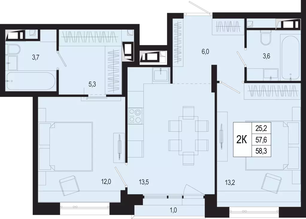 2-к квартира, 57.6 м - Фото 0