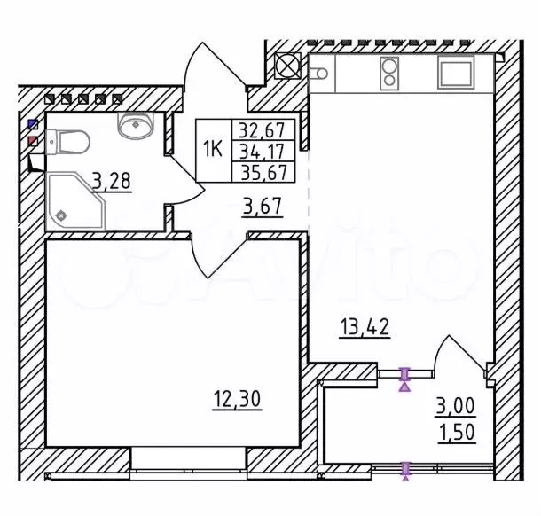 1-к. квартира, 34,2 м, 5/7 эт. - Фото 1