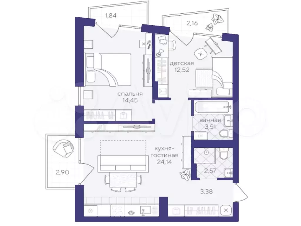 2-к. квартира, 65,5 м, 2/4 эт. - Фото 1