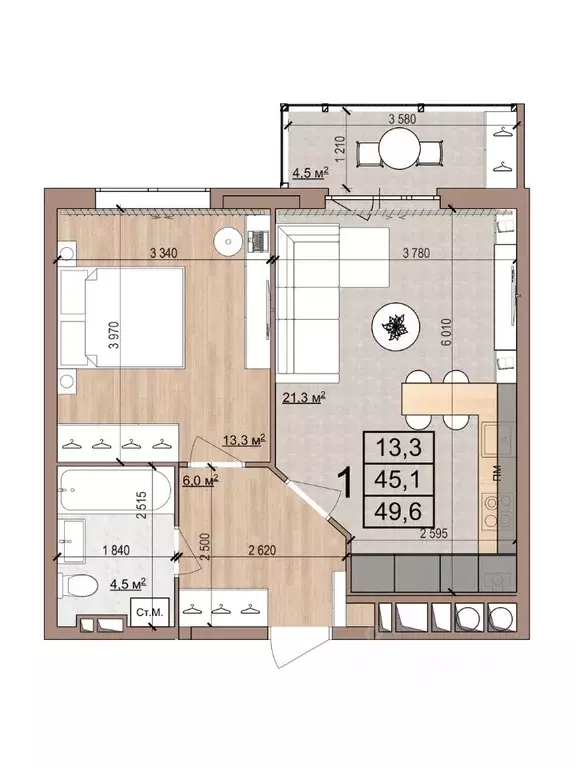 1-к кв. Рязанская область, Рязань Медицинская ул., 3 (49.6 м) - Фото 1