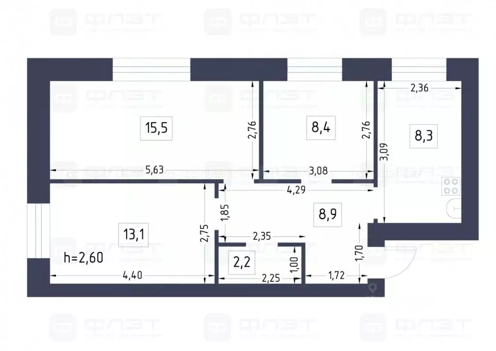 3-к кв. Татарстан, с. Верхний Услон ул. Татарстан, 14 (55.4 м) - Фото 2