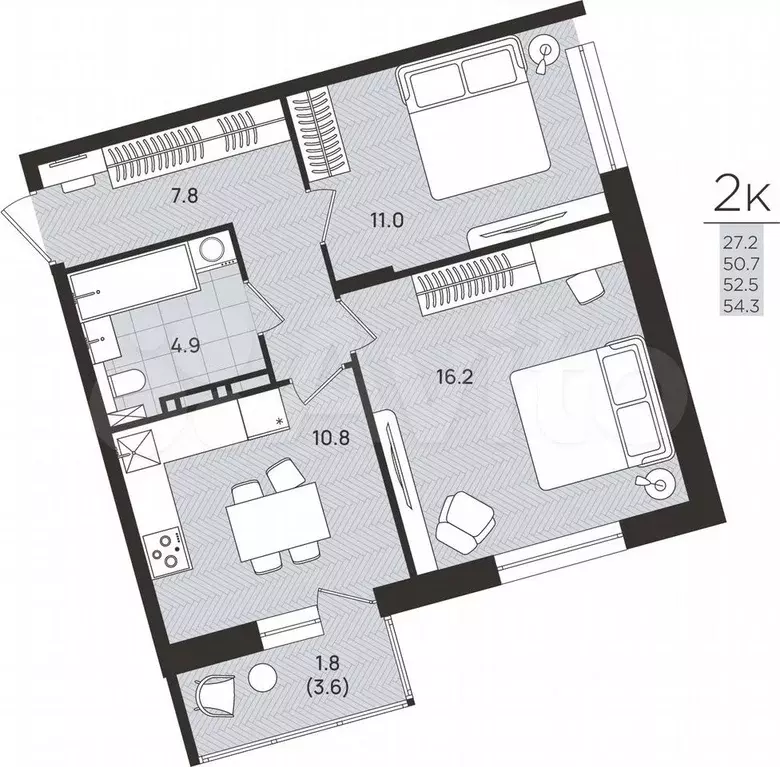 2-к. квартира, 52,5 м, 4/8 эт. - Фото 0