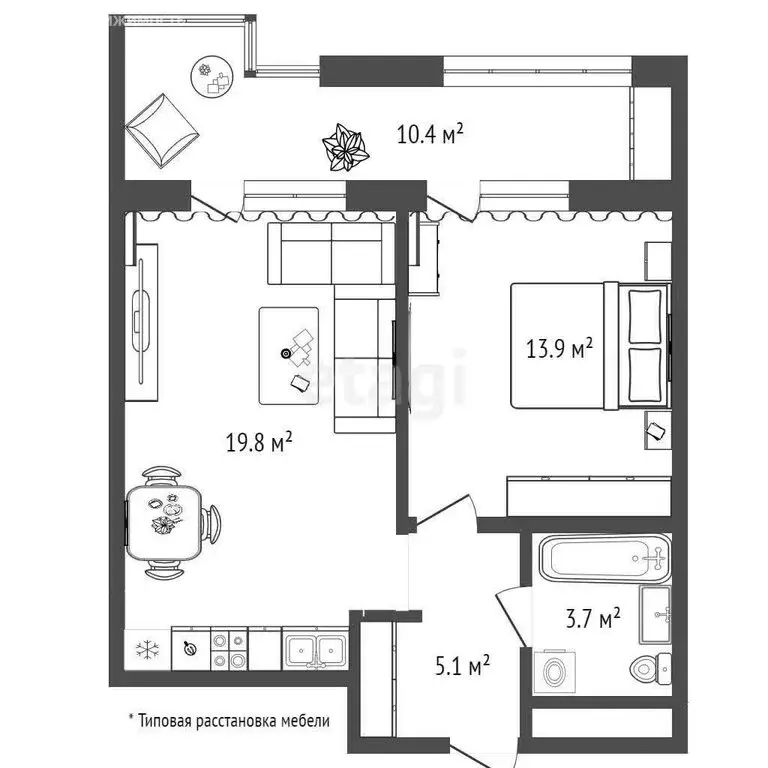 1-комнатная квартира: Тюмень, улица Евгения Войнова, 7 (50.6 м) - Фото 1