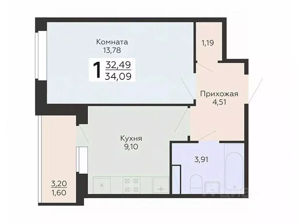 1-к кв. Воронежская область, Воронеж Острогожская ул., 164 (34.09 м) - Фото 0