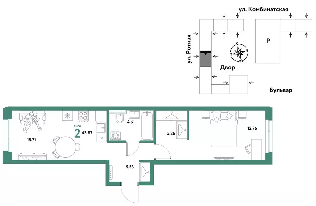 2-комнатная квартира: Екатеринбург, Ленинский район (43.87 м) - Фото 1