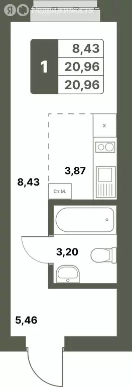 1-комнатная квартира: Уфимский район, село Миловка (20.96 м) - Фото 0