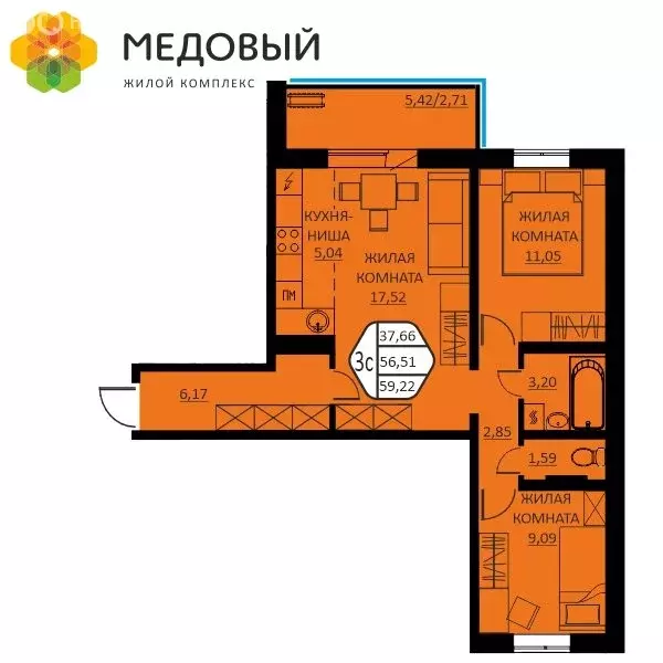 3-комнатная квартира: деревня Кондратово, улица Г.Н. Нифантова, 12 ... - Фото 0