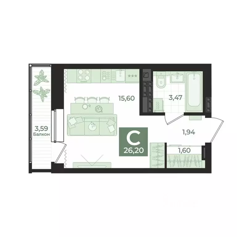 Студия Свердловская область, Екатеринбург Уктус жилрайон,  (26.2 м) - Фото 1