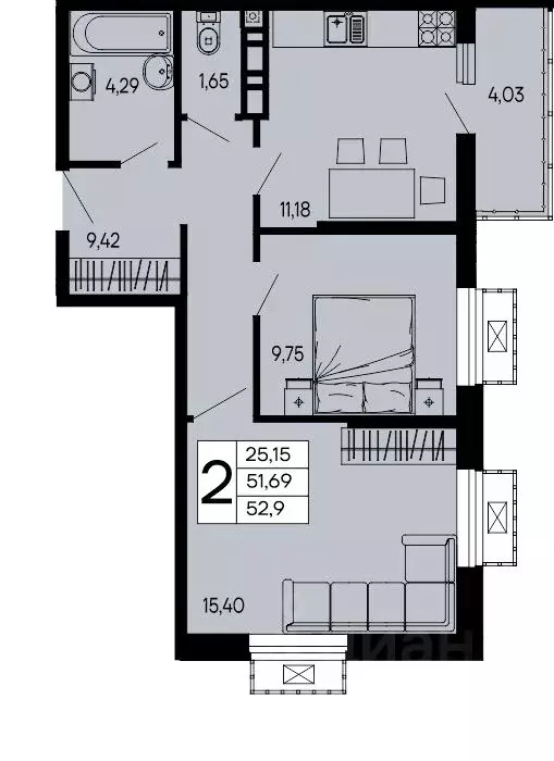 2-к кв. Адыгея, Майкоп 9 Мая ул. (52.9 м) - Фото 1