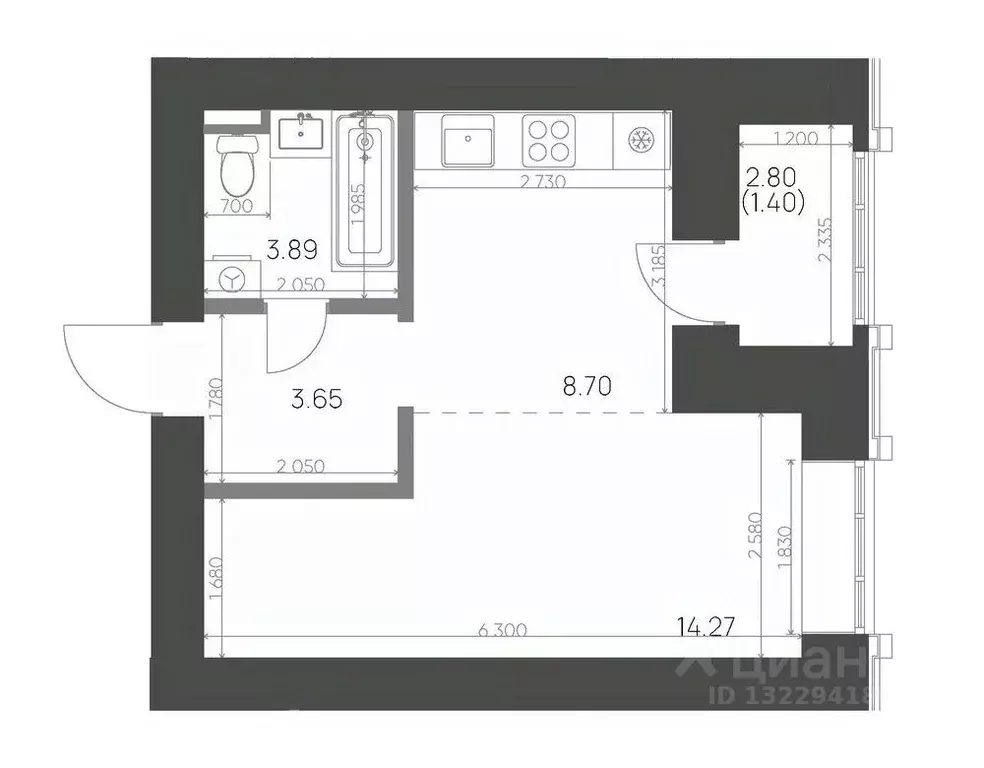 Студия Татарстан, Нижнекамск 15-й мкр, Калина жилой комплекс (31.91 м) - Фото 0