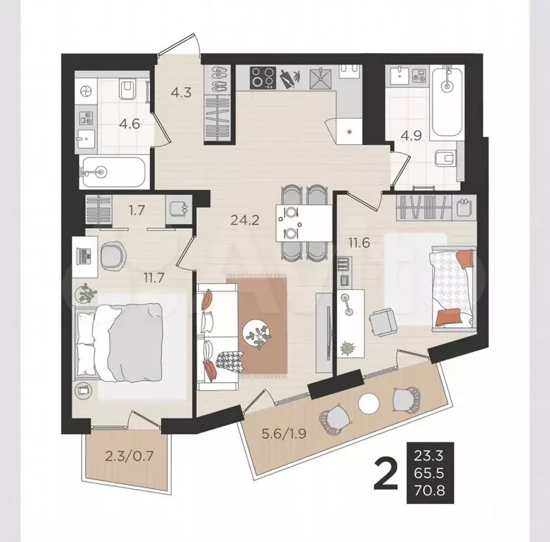 2-к. квартира, 65,5 м, 3/4 эт. - Фото 1