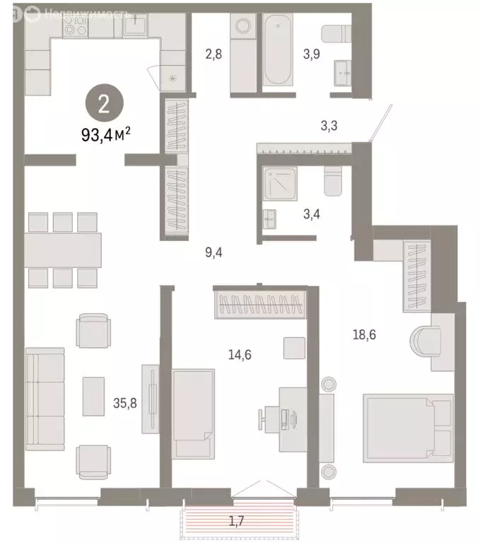 2-комнатная квартира: Новосибирск, Большевистская улица, 66 (93.43 м) - Фото 2
