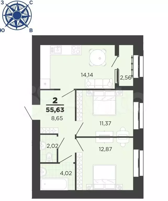 2-к. квартира, 54,4 м, 12/16 эт. - Фото 1