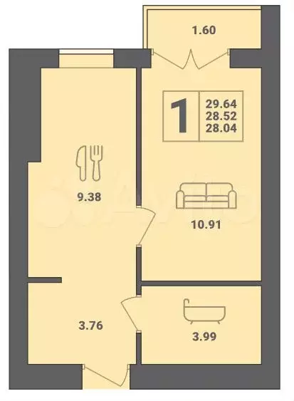 1-к. квартира, 29,7 м, 6/6 эт. - Фото 1