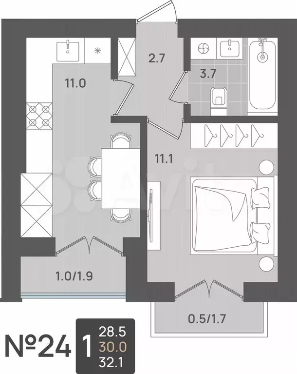 1-к. квартира, 30 м, 4/5 эт. - Фото 0