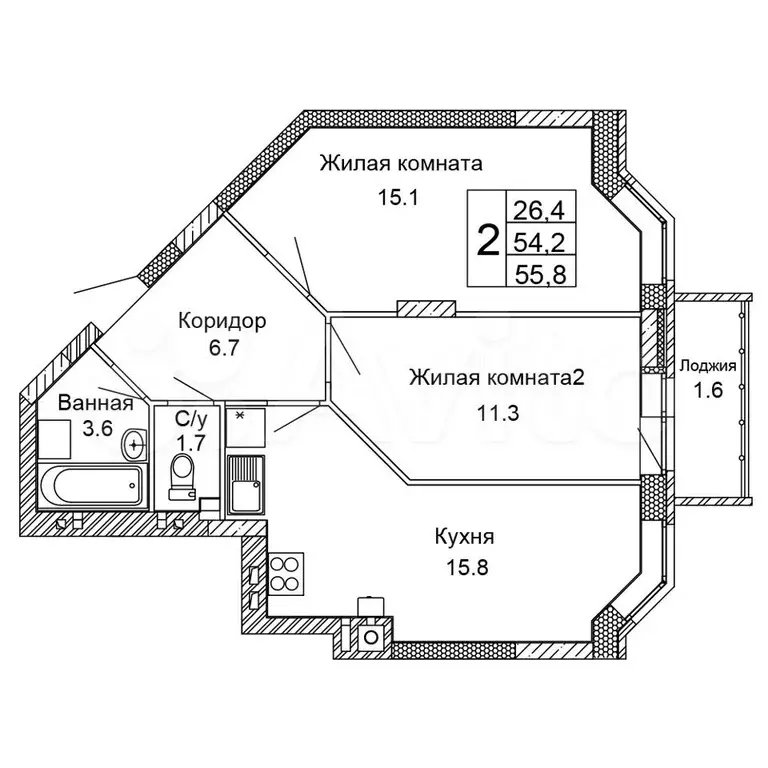 2-к. квартира, 55,8 м, 9/9 эт. - Фото 0