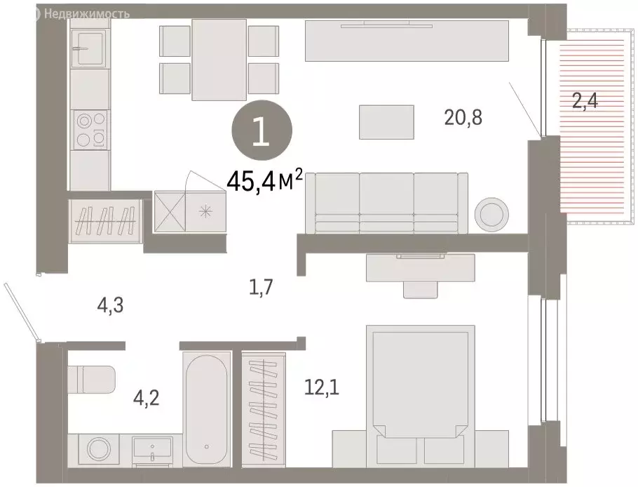 1-комнатная квартира: Тюмень, Мысовская улица, 26к2 (45.38 м) - Фото 1
