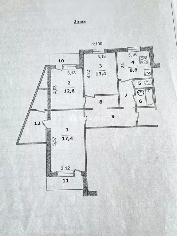 3-к кв. Белгородская область, Белгород ул. Буденного, 12 (71.4 м) - Фото 2