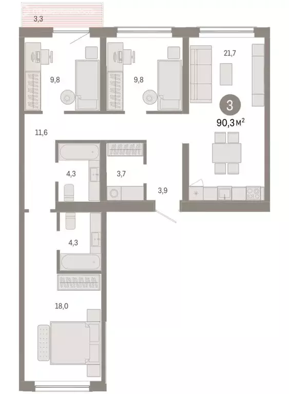 3-комнатная квартира: Новосибирск, Большевистская улица, с49 (90.27 м) - Фото 1