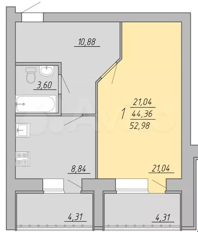 1-к. квартира, 53 м, 7/9 эт. - Фото 0