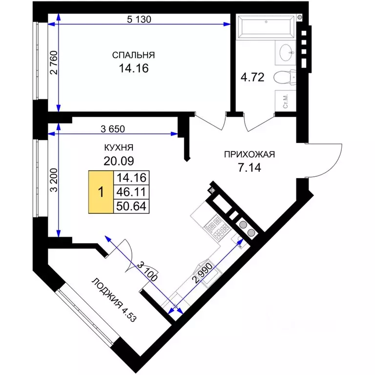 1-к кв. Калининградская область, Гурьевск Включи жилой комплекс (50.64 ... - Фото 1