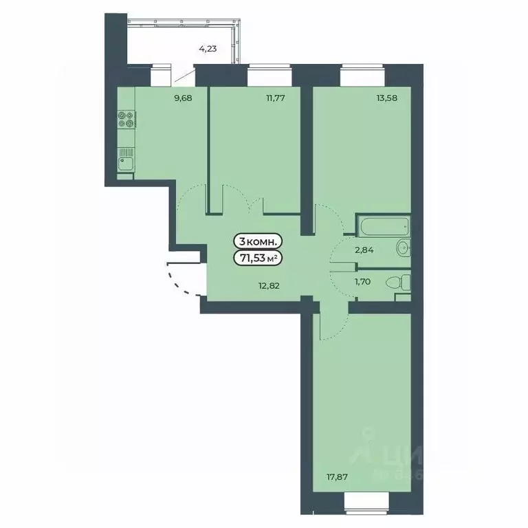 3-к кв. Красноярский край, Красноярск ул. Светлова, 25/1 (71.53 м) - Фото 1