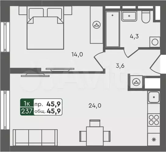 1-к. квартира, 45,9м, 3/7эт. - Фото 0