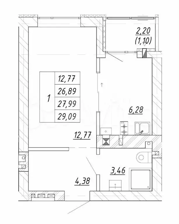 1-к. квартира, 28 м, 1/4 эт. - Фото 1