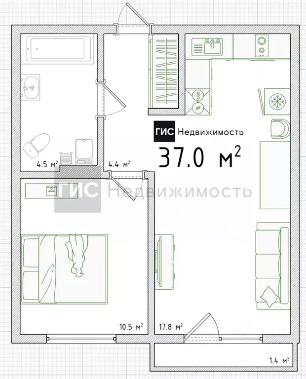 1-к кв. Новосибирская область, Новосибирск ул. Дунаевского, 14 (37.0 ... - Фото 1