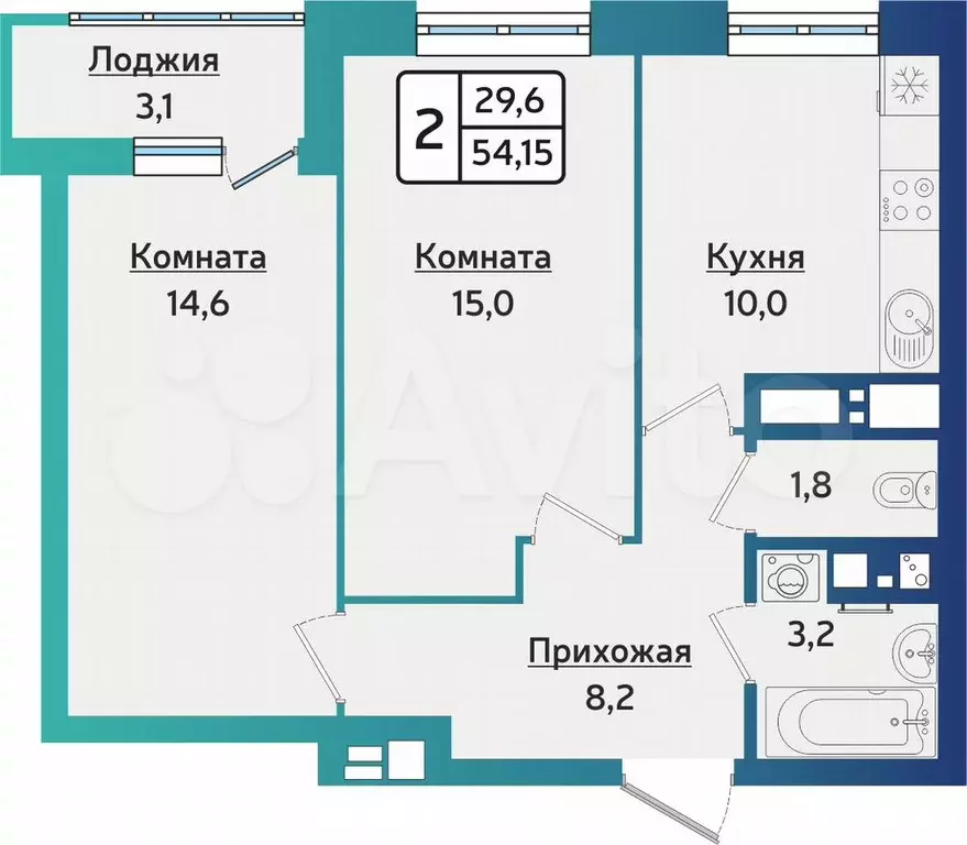 2-к. квартира, 54,4 м, 14/15 эт. - Фото 0