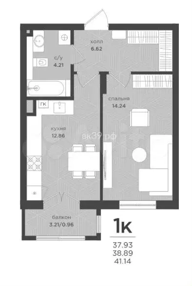 1-к. квартира, 38,9 м, 1/4 эт. - Фото 1