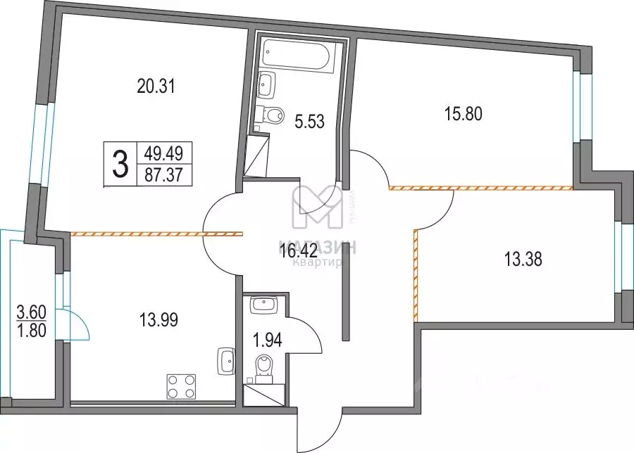 3-к кв. Санкт-Петербург Коломяжский просп., 13к3 (87.4 м) - Фото 2